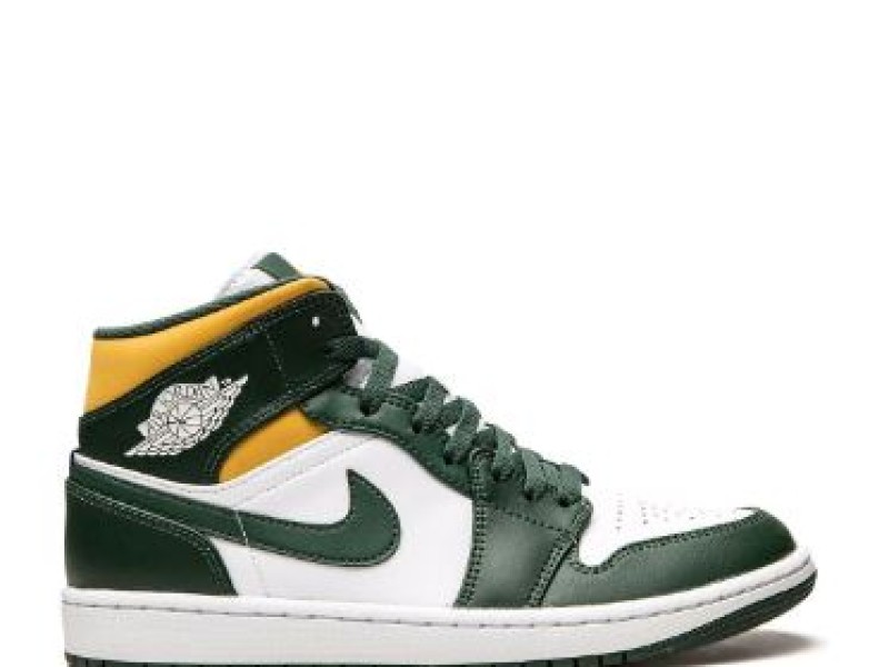 Nike Air Jordan 1 Mid amarillas con blanco y logo negro.