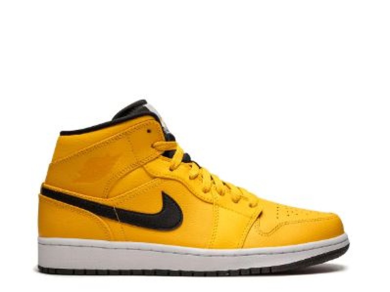 Nike Air Jordan 1 Mid amarillas con blanco y logo negro.