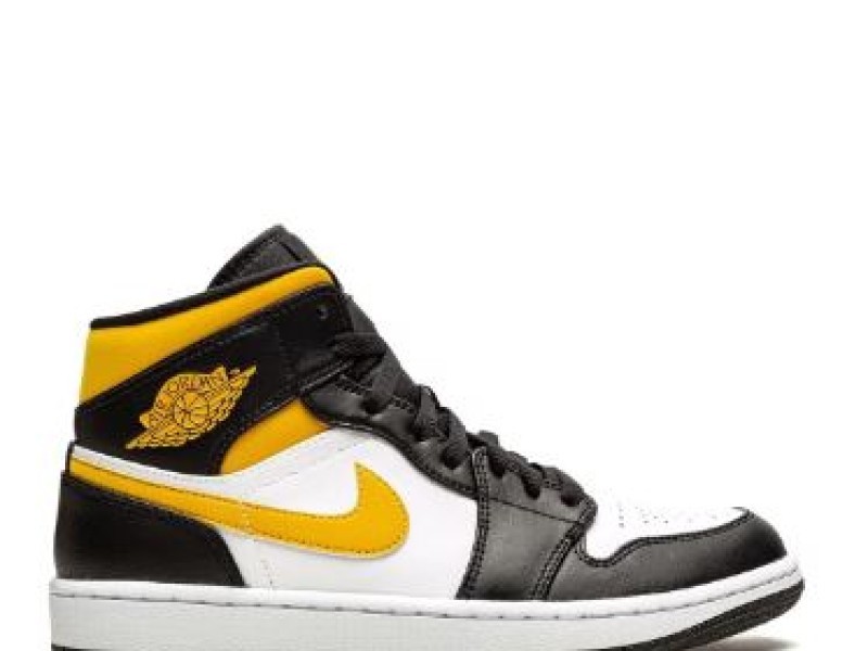 Nike Air Jordan 1 Mid amarillas con blanco y logo negro.
